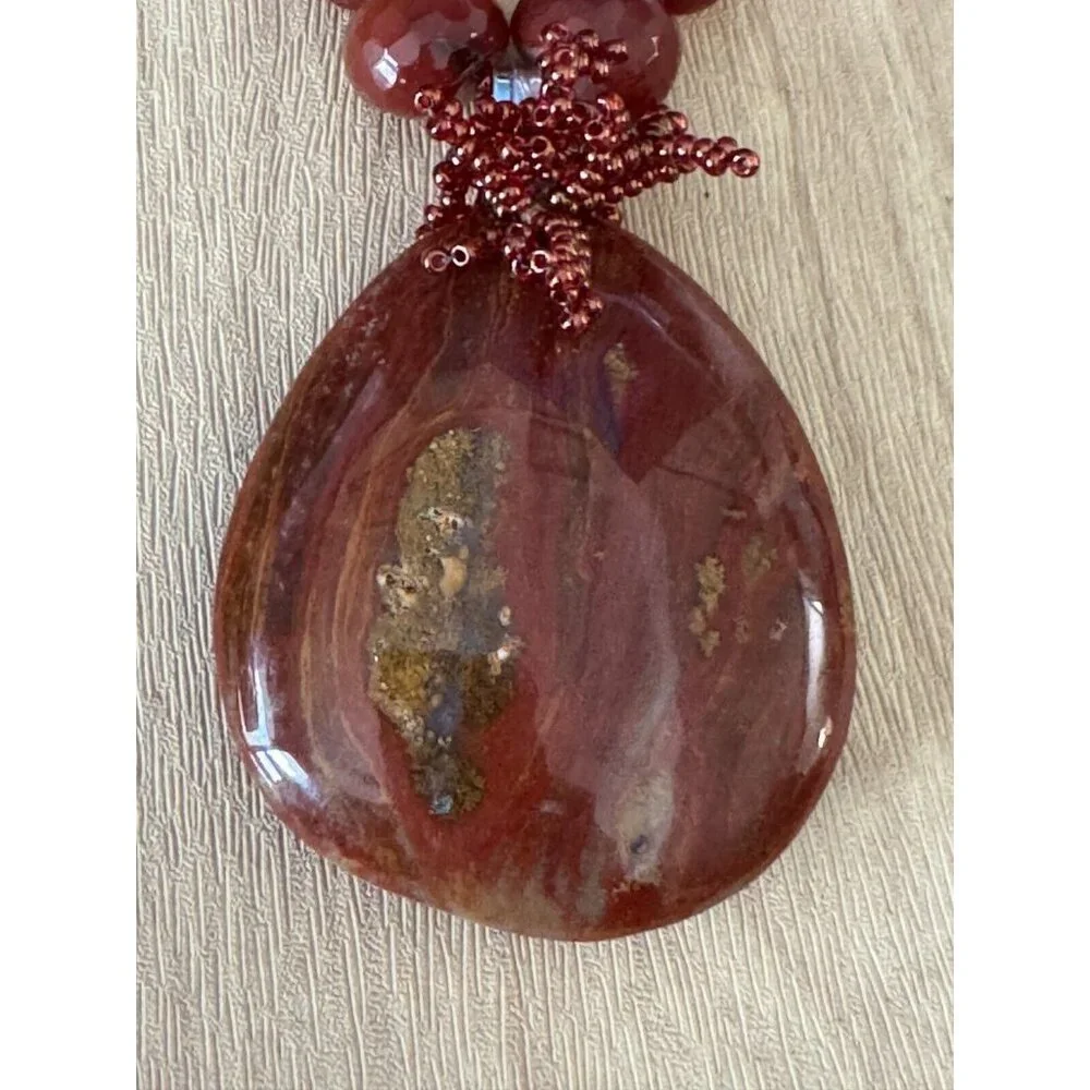 Gorgeous Carnelian Pendant on Carnlian and Orca Agate Strand Necklace w/Earrings - Picture 3 of 13